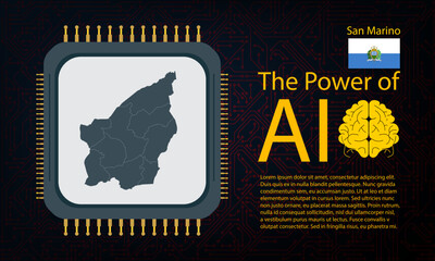 San Marino map with microchip war and AI concept on circuit board, Power of AI with country map. Global connectivity with big data.