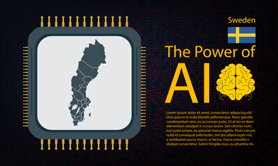 Sweden map with microchip war and AI concept on circuit board, Power of AI with country map. Global connectivity with big data.