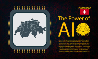 Switzerland map with microchip war and AI concept on circuit board, Power of AI with country map. Global connectivity with big data.