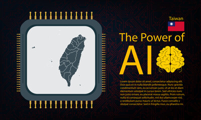 Taiwan map with microchip war and AI concept on circuit board, Power of AI with country map. Global connectivity with big data.