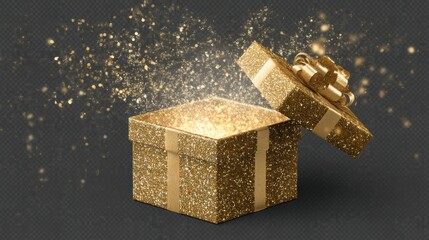 A shimmering gold gift box opens to unveil magical sparkles that burst into the air creating a joyful atmosphere perfect for celebrations. The scene suggests excitement and happiness.