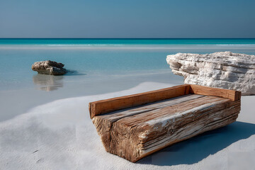 Tranquil Beachscape with Driftwood Bench and Pristine Turquoise Waters