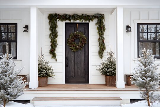 Modern Farmhouse Front Porch Decor for Winter Holidays. Dark wooden door, white board and batten siding, flanked by snowy potted evergreens, rustic pine wreath, and garland. - Powered by Adobe