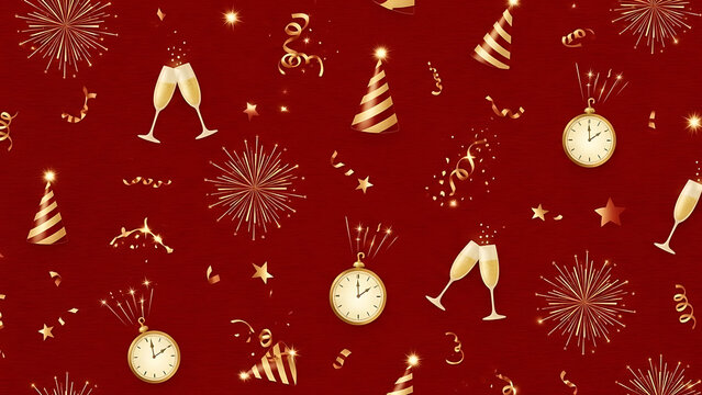 Festive new year's eve pattern with clocks champagne party hats fireworks and gold confetti on red background