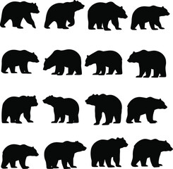 Bear silhouette puzzle collection, black animal poses, visual recognition challenge, wildlife shape comparison, cognitive exercise design, pattern identification illustration