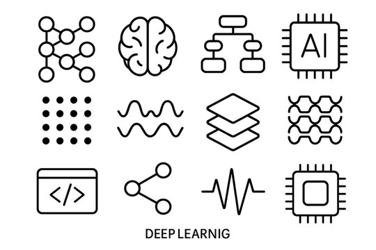 Deep Learning Icon Set. Deep learning. Line outline icon set of deep learning: neural node, brain, algorithm,