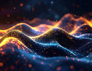 Glowing wavy lines with bokeh effect. Orange and blue light patterns in a dark space
