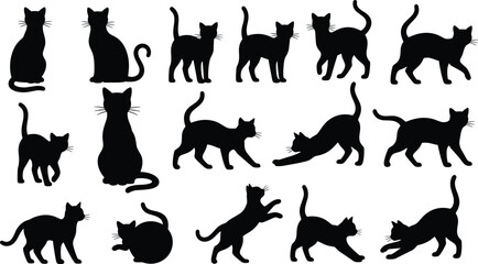 Cat silhouette poses, feline movement, black icons, vector illustration, sitting cat, jumping action, walking posture, playful behavior, animal anatomy, pet design
