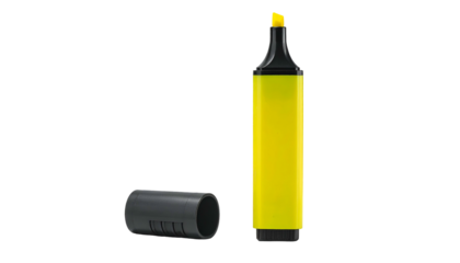 A yellow fluorescent marker, with a detached gray cap, against a stark black backdrop