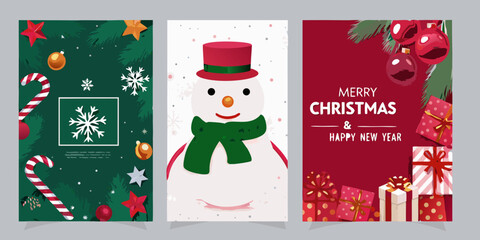 Christmas  poster clipart set. Merry Christmas greeting text clip art with Xmas decoration elements in colorful background. 