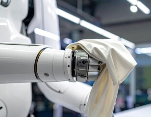 Close-up of a robotic arm holding a white cloth, cleaning