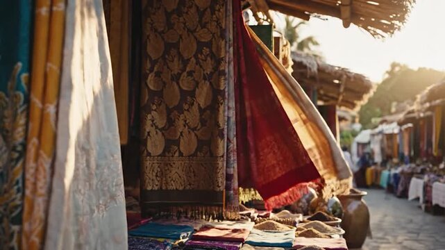 Vibrant batik fabrics displayed at a sunlit market stall