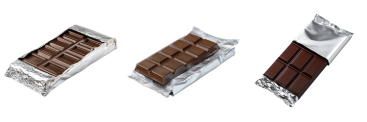 Set of A piece of chocolate partially wrapped in shiny foil transparent png background. Ai generated