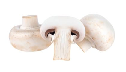 Close-up of three white fungi, one sliced, revealing inner structures