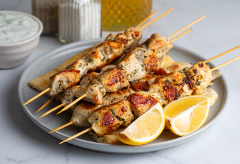 Greek grilled chicken skewers - chicken souvlaki served with lemon