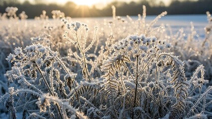 Golden morning sunlight illuminates delicate frost-covered wildflowers in a serene, snowy winter field at dawn