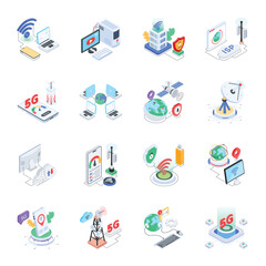 Networking and Communication Technology. Set of 5G, networking connection and communication illustration in isometric design.