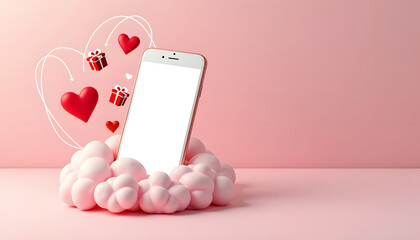 Valentine's Day concept with smartphone, hearts, and gifts on pink background