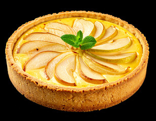 pear custard pie isolated on a black background