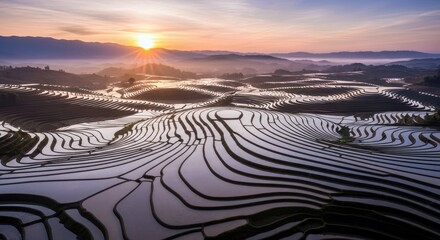 Aerial view of terraced rice fields reflecting the sunrise. Misty landscape with mountains in the background, bathed in warm sunlight.