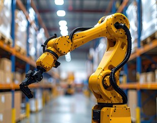 A robotic arm, yellow and black, in a warehouse setting, shelves of boxes, soft focus background