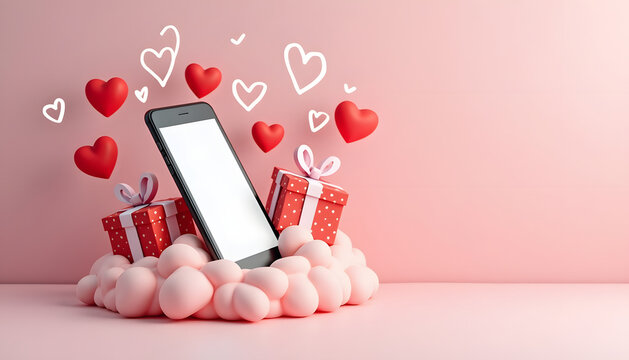 Valentine's Day concept with smartphone, gifts, and floating hearts - Powered by Adobe