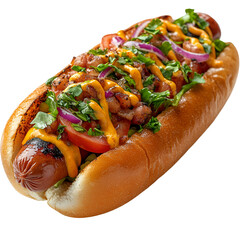 Loaded hot dog with toppings transparent background