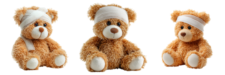 Set of Big plush teddy bear with a wrapped white medical bandage around its head transparent png background. Ai generated