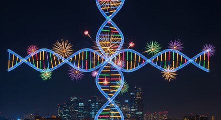 Celebratory DNA Sculpture Displaying Genetic Innovation with Fireworks in Urban Nightscape