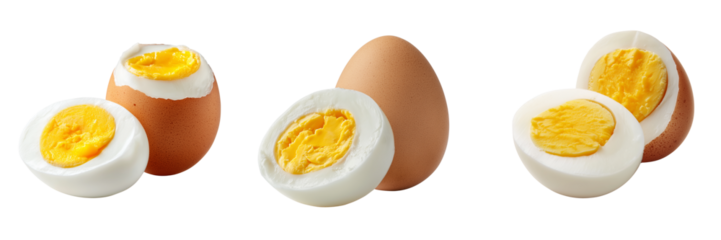Set of Boiled egg peeled and cut in half transparent png background. Ai generated