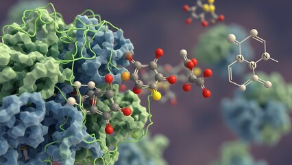 Detailed molecular structures interacting within a biological complex, a scientific illustration for research and medical understanding.