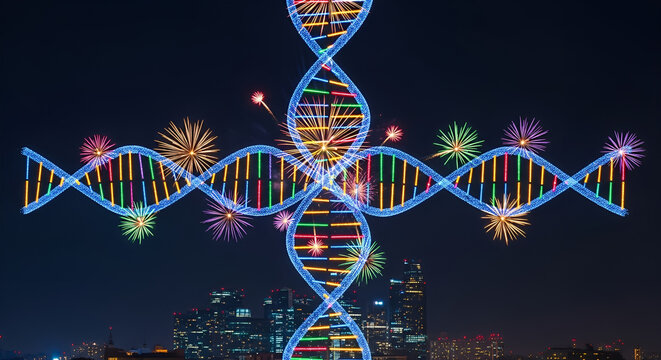 Celebratory DNA Sculpture Displaying Genetic Innovation with Fireworks in Urban Nightscape - Powered by Adobe