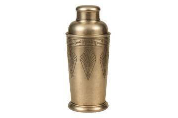 Fototapeta premium Art deco brass cocktail shaker featuring vintage style engravings, barware for mixing drinks, transparent background