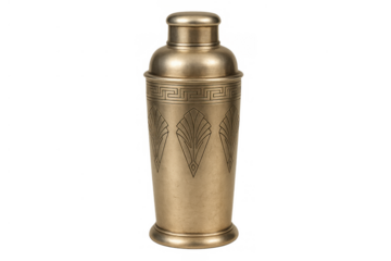 Art deco brass cocktail shaker featuring vintage style engravings, barware for mixing drinks, transparent background