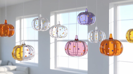 Colorful Glass Pumpkin Decorations Hanging in Sunlight