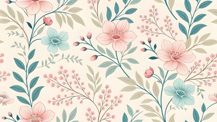 Romantic floral pattern with pink and blue blossoms, perfect for spring designs and elegant textiles, a beautiful botanical aesthetic for your project