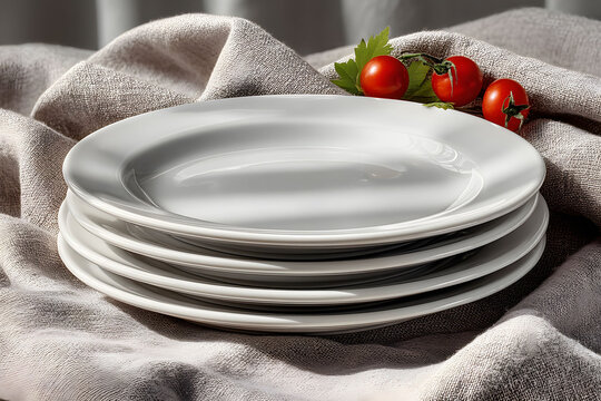 Stack of White Plates with Cherry Tomatoes on Linen Tablecloth - Rustic Dining Concept - Powered by Adobe