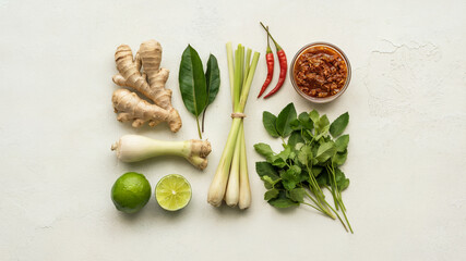 Fresh Herbs and Spices Flat Lay Composition