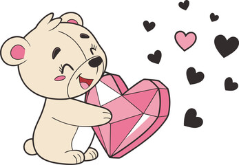 Cute cartoon bear holding a pink heart gem surrounded by hearts