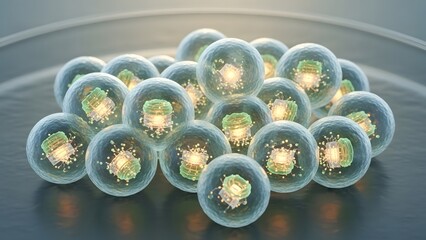 Microscopic cellular cluster with glowing organelles and detailed structures in a scientific visualization