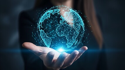 Global Connection: Woman Holding a Digital Globe representing the future of tech