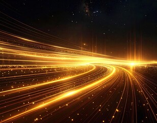 Glowing golden light trails curving across a dark backdrop with a starry sky