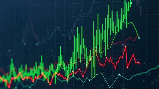 Dynamic financial chart with green and red lines displaying market trends analysis - Powered by Adobe