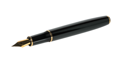 Glossy black fountain pen with gold accents, isolated against a solid black background