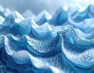 Artistic depiction of wavy, translucent blue layers with a honeycomb pattern