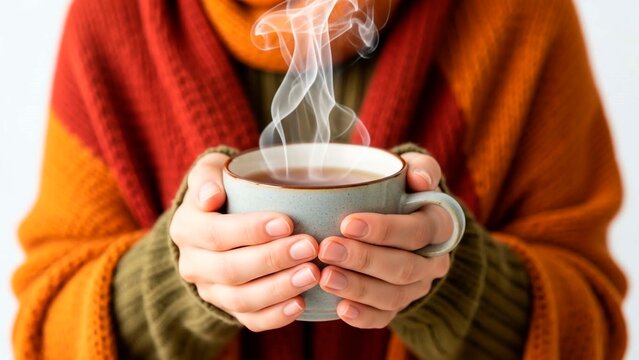 Person holding a steaming mug wearing a scarf and sweater on a white background indoors closeup shot - Powered by Adobe