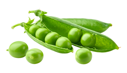 Close-up studio shot of a vibrant green pea pod with open pod revealing fresh peas