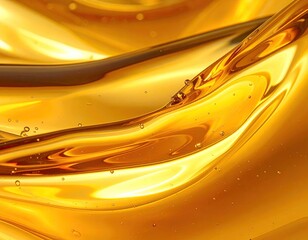 Golden liquid swirls, illuminated, abstract, capturing motion, with bubbles. Close-up, shiny texture