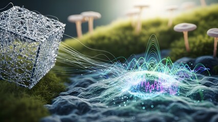 Abstracted natural elements merging with vibrant digital energy waves and sound spectrums