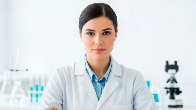 Portrait of a female scientist in a white lab coat in a laboratory with a microscope and test tubes